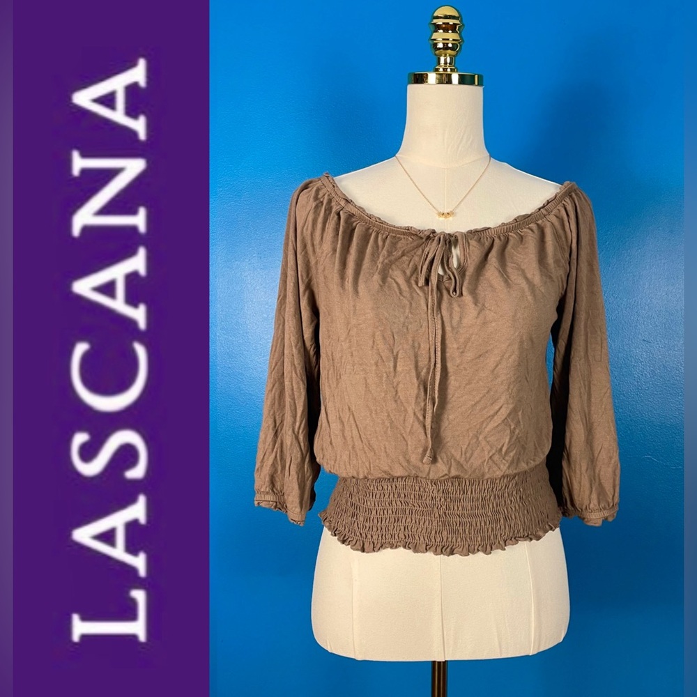 LASCANA Off-Shoulder Peasant Top in Taupe, Size Small
